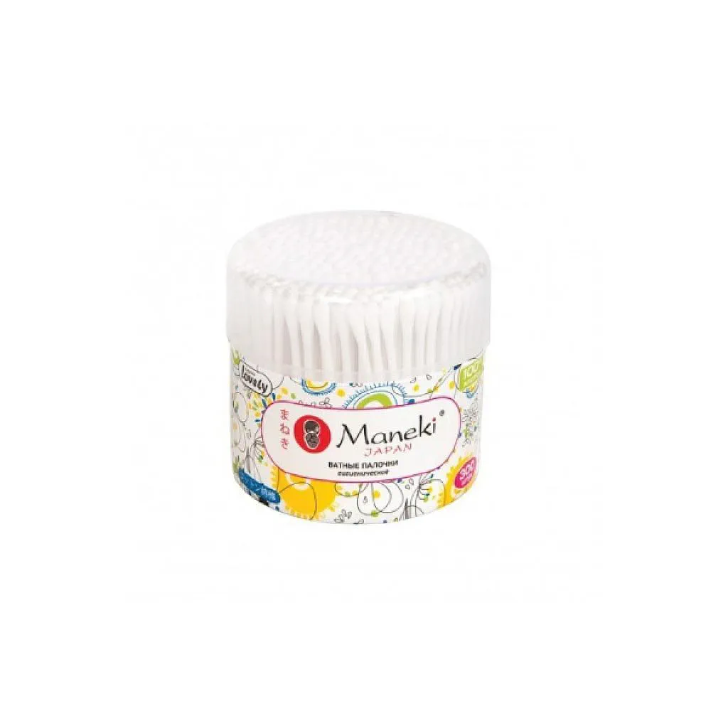 Палочки ватные гигиенические Maneki Lovely, с белым пластиковым стиком, в пластиковом стакане, 300 шт
