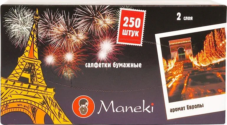 Салфетки бумажные Maneki, серия Dream с ароматом Европы, 2 слоя, белые, 250 шт./коробка